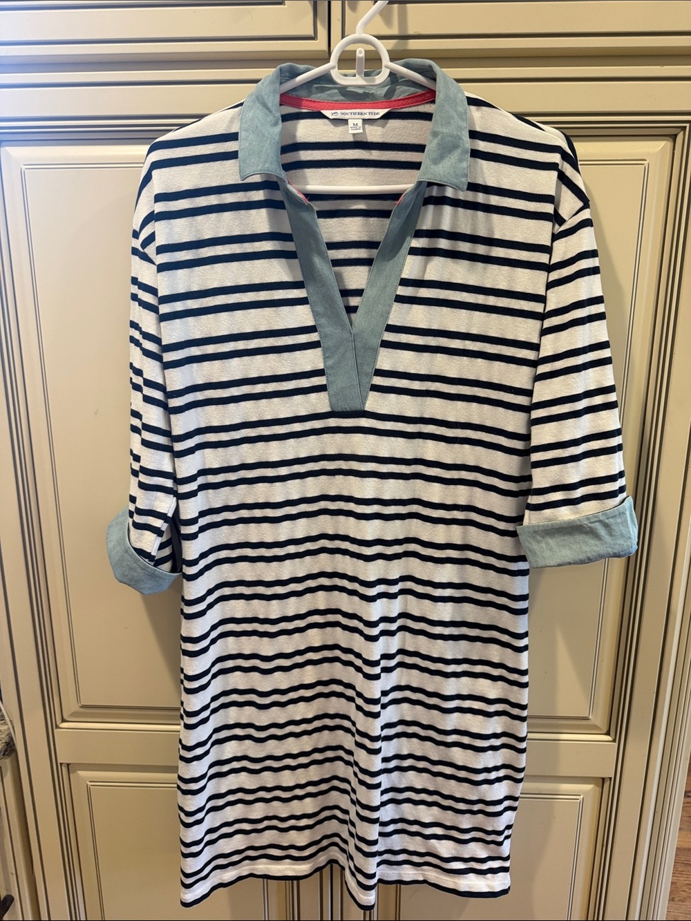 Southern Tide White Polo with Navy stripes